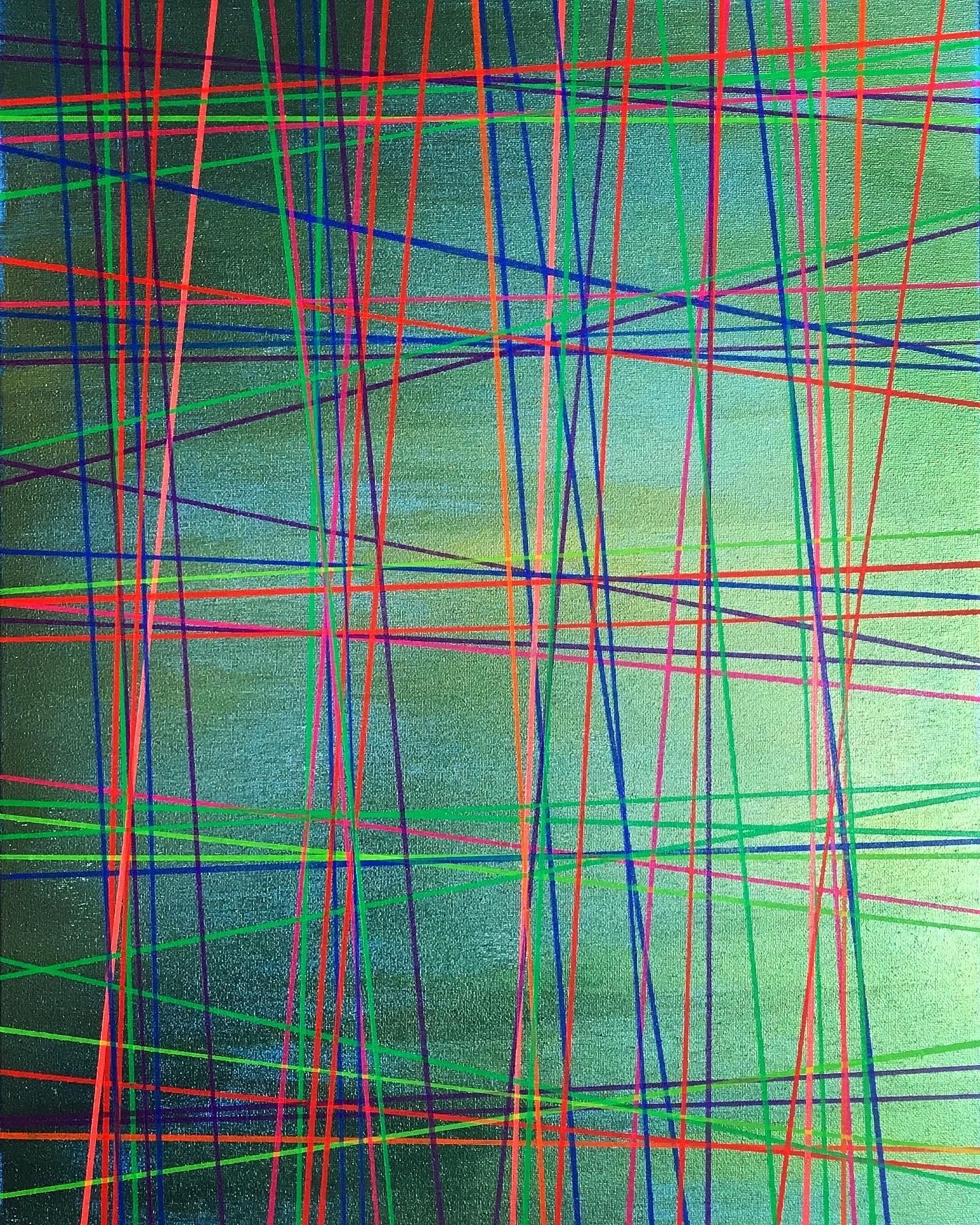Metallic and fluorescent acrylics painting with green background and colorful lines, under standard light